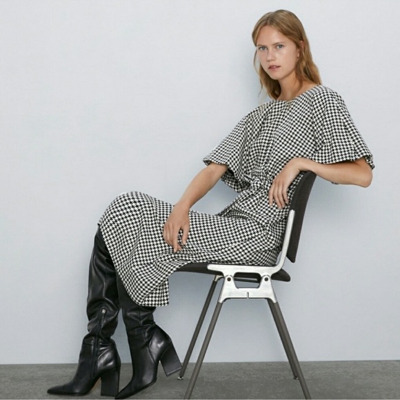 Zara Women Houndstooth Midi Dress Black White Balloon Sleeves Size M - Picture 3 of 16